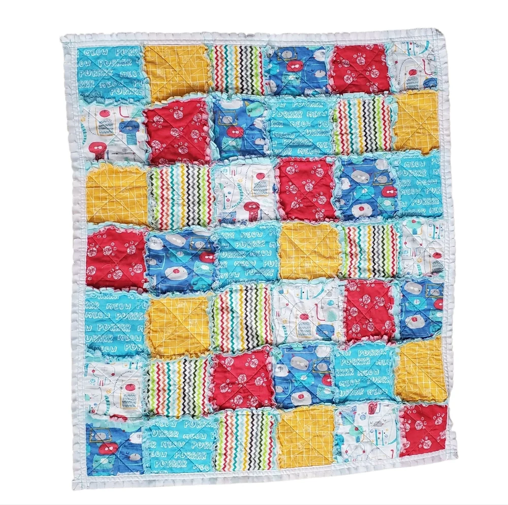 New Homemade Colorful Baby Rag Quilt Cats / Paw Prints